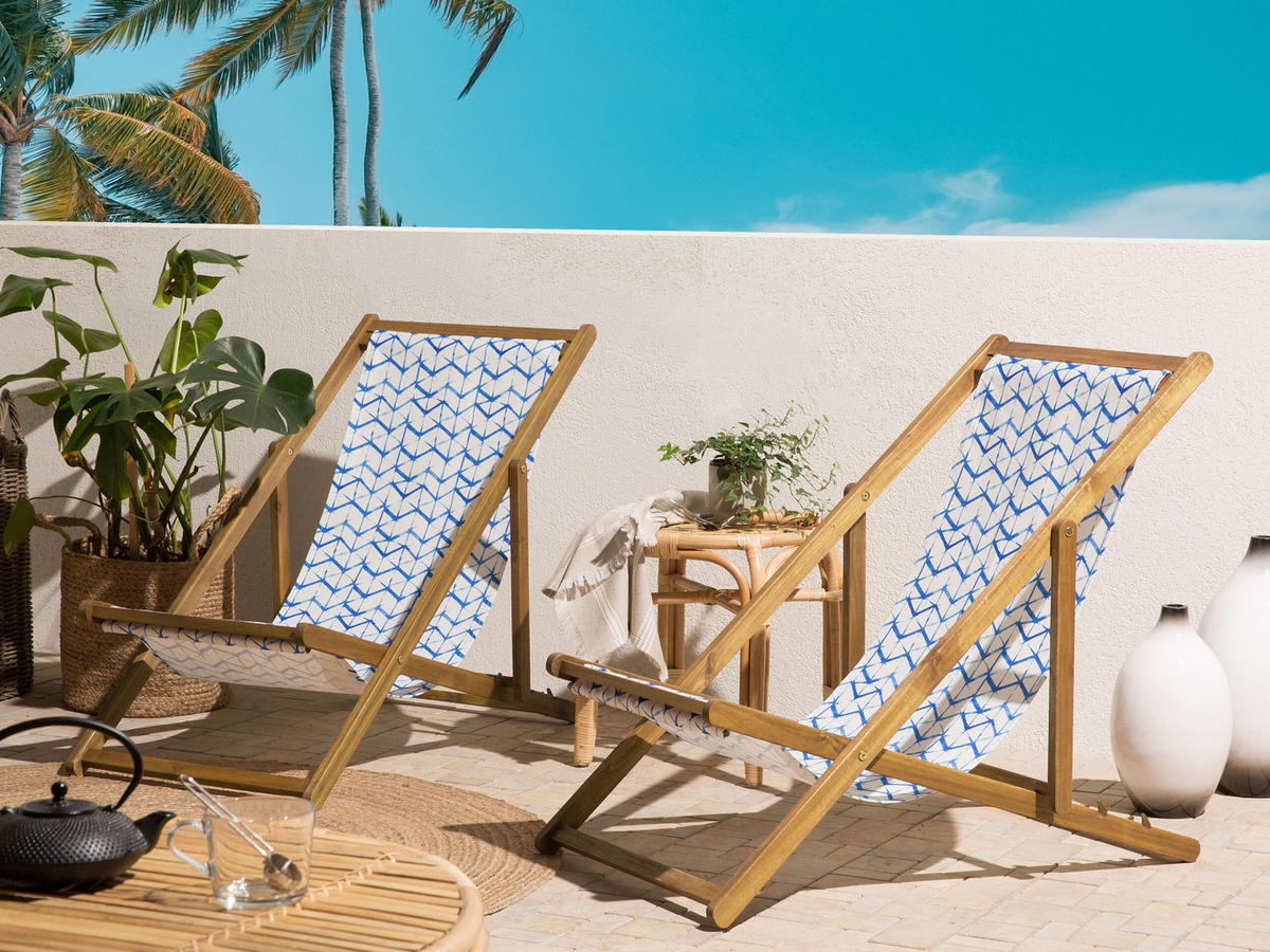 GARTENLIEGE 2er-Set hellbraun Textil weiß/blau ZickZack-Muster Anzio - Hellbraun/Blau, Textil (54/70/97cm) - Beliani