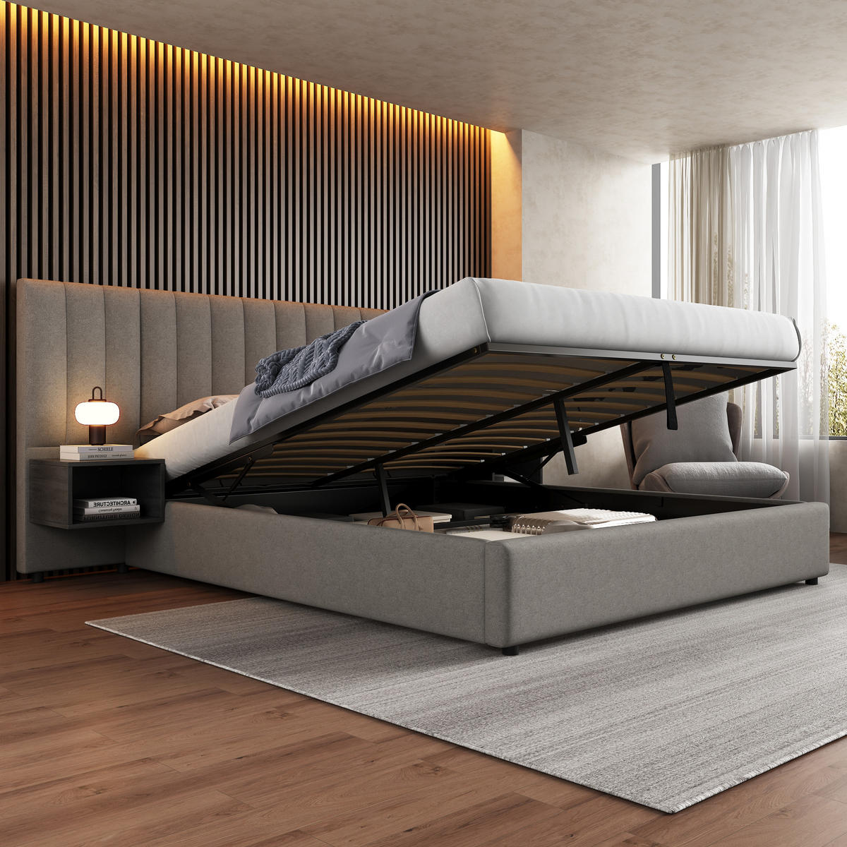 POLSTERBETT 180x200cm Grau+Schwarz Leinen Mit 2 Nachttischen - Grau, Naturmaterialien (180/200cm) - FLIEKS
