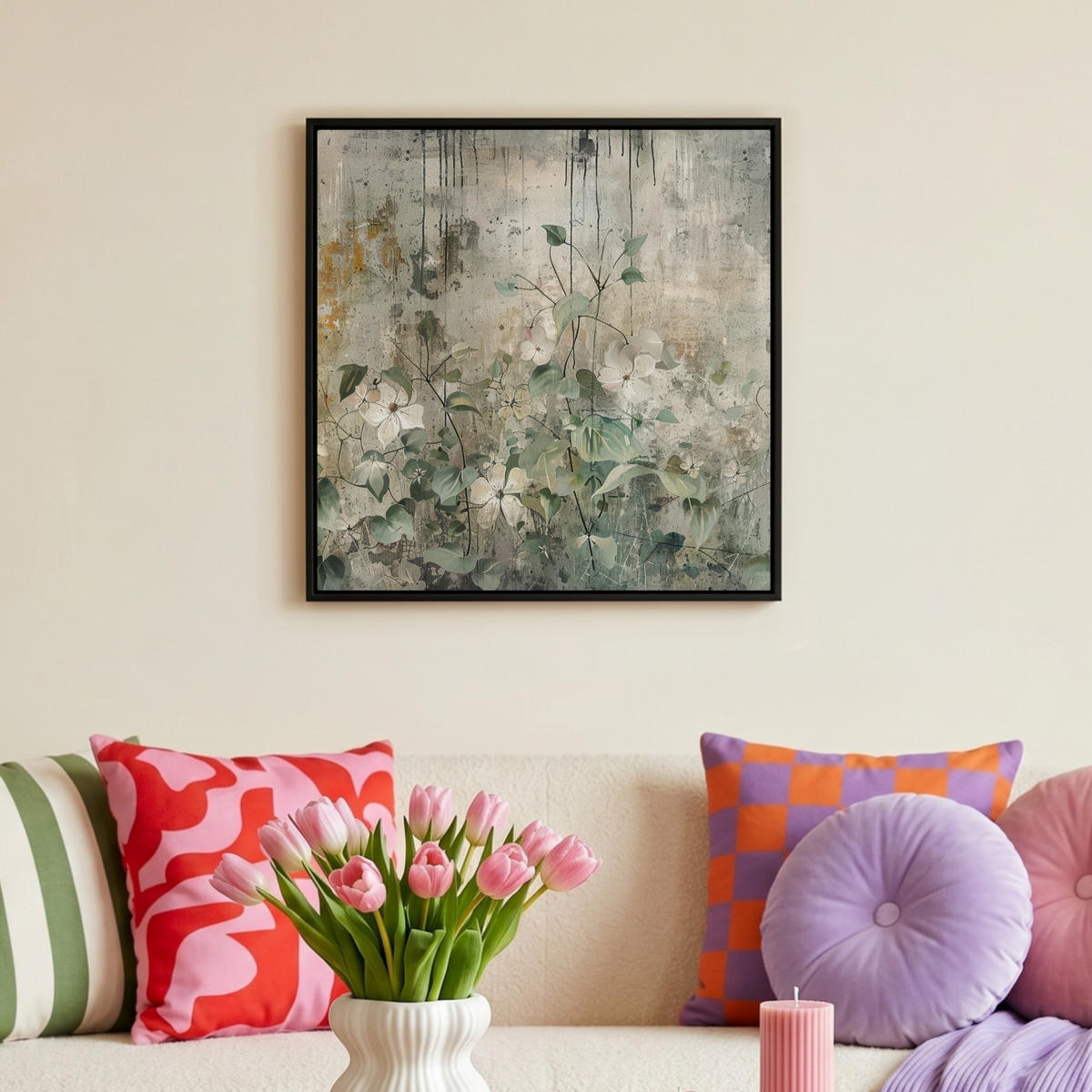 LEINWAND Bilder mit Rahmen - Blumen - Blätter - Abstrakt - Modern - 50x50 - Grau, Textil (50/50cm) - MuchoWow