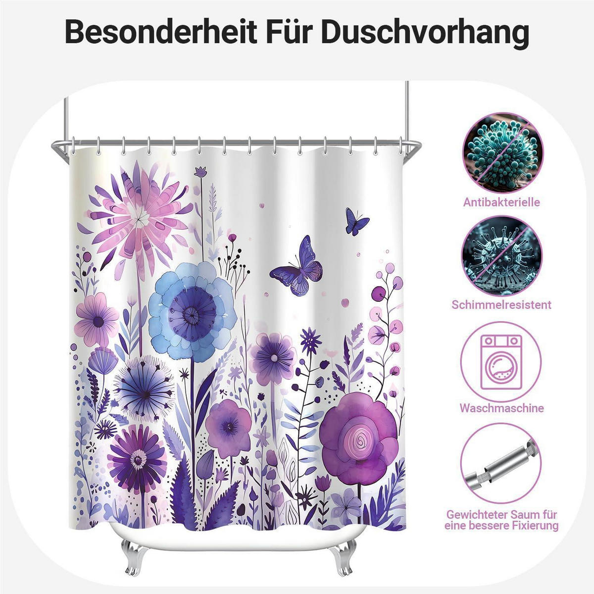 DUSCHVORHANG Lila Blume Schmetterling 180 x 200 cm - Multicolor, Textil (180/200cm)
