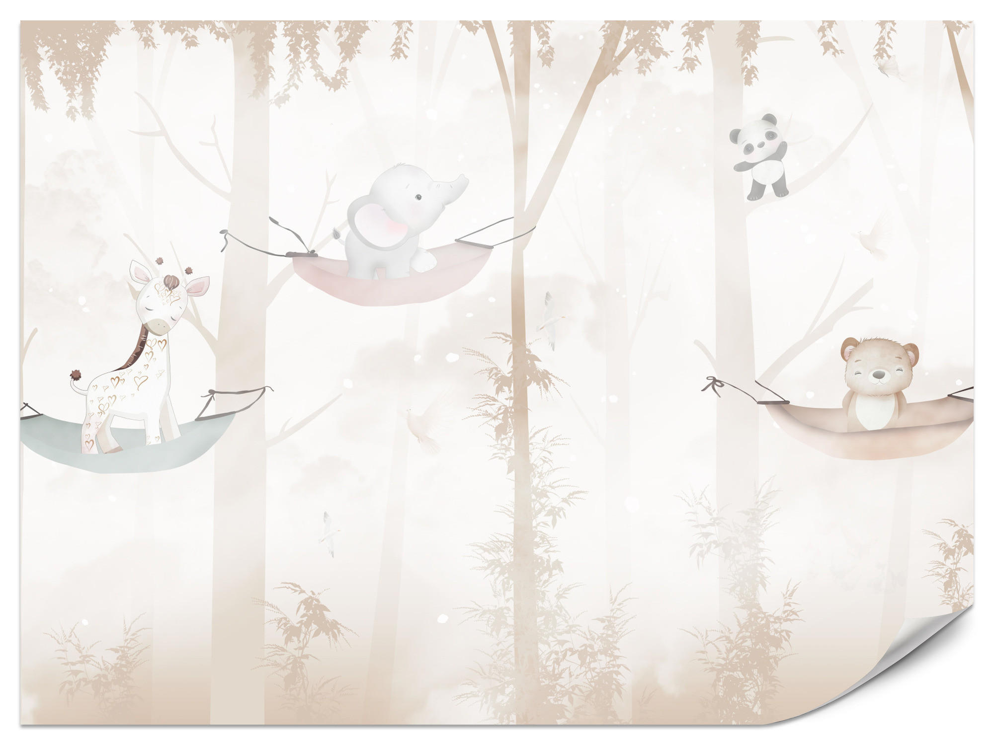 FOTOTAPETE für Kinderzimmer Tiere Hängematten WALD Elefant Giraffe 450x315 - Beige/Schwarz, Papier (450/315cm) - Muralo