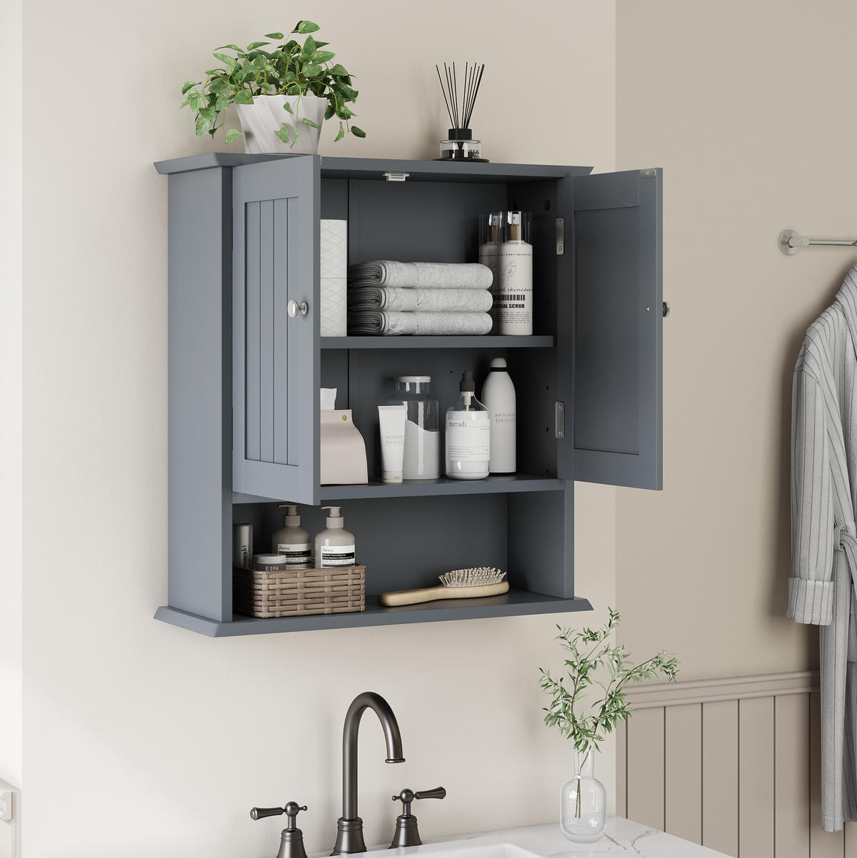 BADEZIMMERSCHRANK Wandregal mit Türen 54,6 x 19,8 x 60 cm Hellgrau - Hellgrau, Holzwerkstoff (19.8/60/54.6cm) - Beauniv