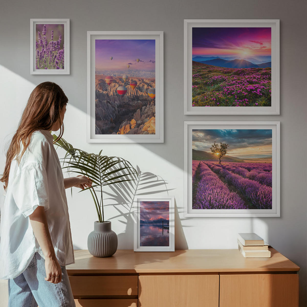 BILDER SET 5er Set - 50x50 cm & 20x30 cm & 40x60 cm Weißer Rahmen - Sonnenuntergang auf Lavendelfeldern - Weiß, Kunststoff (40/60cm) - TULUP
