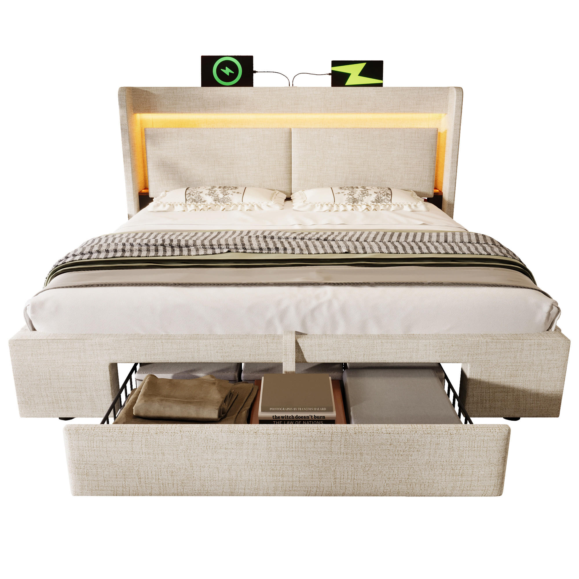 POLSTERBETT 160/200 cm mit LED, USB und USB-C, hydraulischem Stauraum und Schublade aus Leinen, Beige - Beige, Textil (160/200cm) - Redom