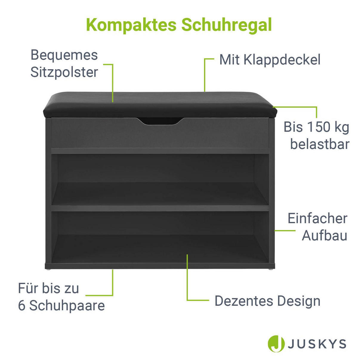 SCHUHREGAL grau mit Klappdeckel und gepolstertem Sitz 60 x 30 x 44 cm - Dunkelgrau, Holz (30/44/60cm) - Juskys