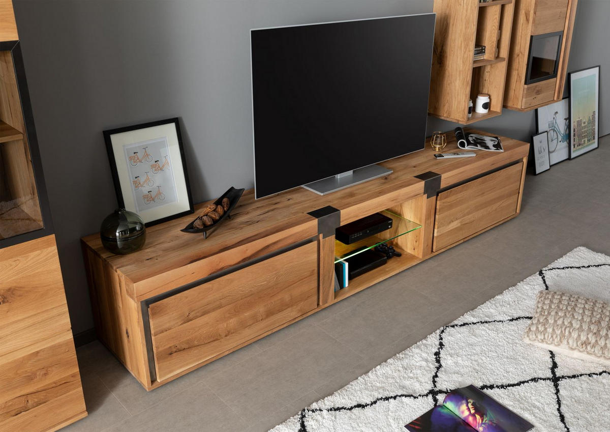 TV-BOARD Wildeiche / Zerreiche 260x48x50 natur geölt NEW AMSTERDAM #04 - Braun, Holz (260/50/48cm) - Massivmoebel24