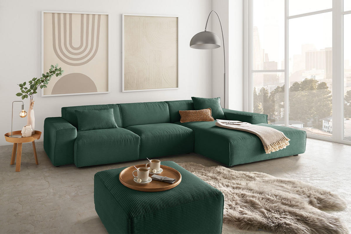 ECKSOFA RANI Smaragdgrün Cord - Smaragdgrün/Schwarz, Kunststoff/Textil (299/189cm) - KAWOLA