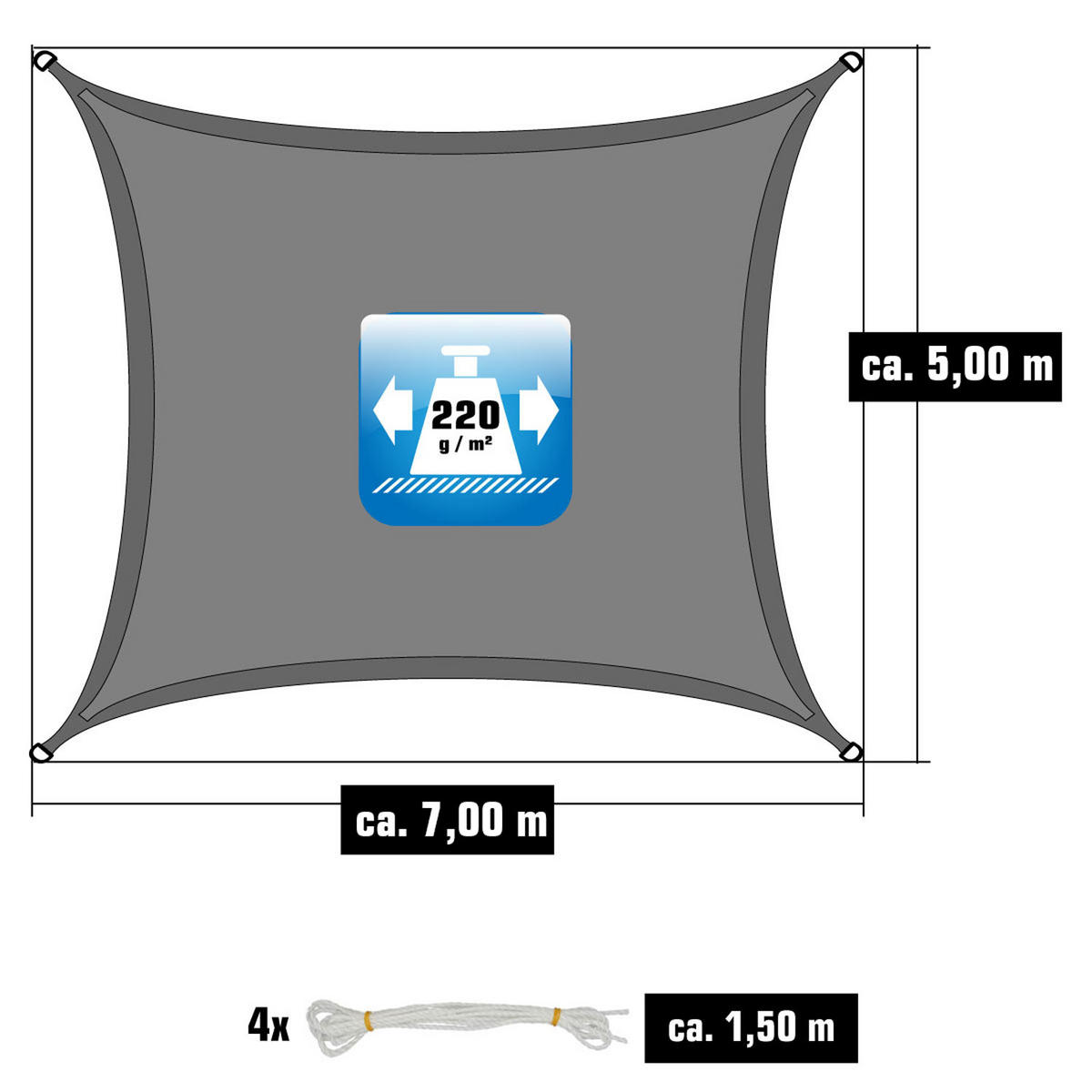 SONNENSEGEL Luftdurchlässig 700/500 cm Grau - Grau, Kunststoff (500/700cm) - Amanka