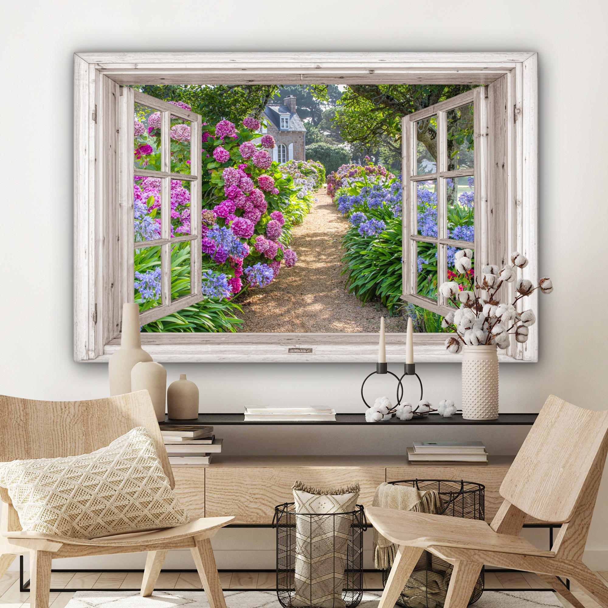 LEINWANDBILD Hortensie - Durchsichtig - Blumen - Sommer - Lila - Weg XXL 150x100 cm - Lila, Textil (150/100cm) - MuchoWow