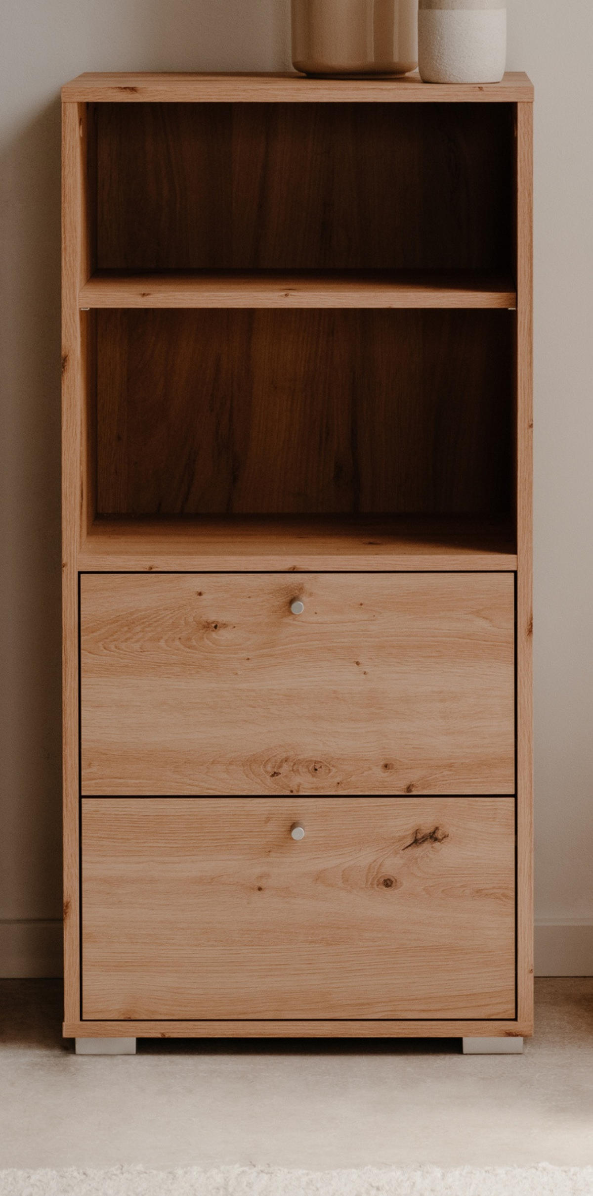 REGAL Eiche Artisan 46 x 97 cm, Standregal mit 2 Schubladen - Silberfarben/Eiche Artisan, Holzwerkstoff/Kunststoff (46/96.5/33.5cm) - Furn.Design