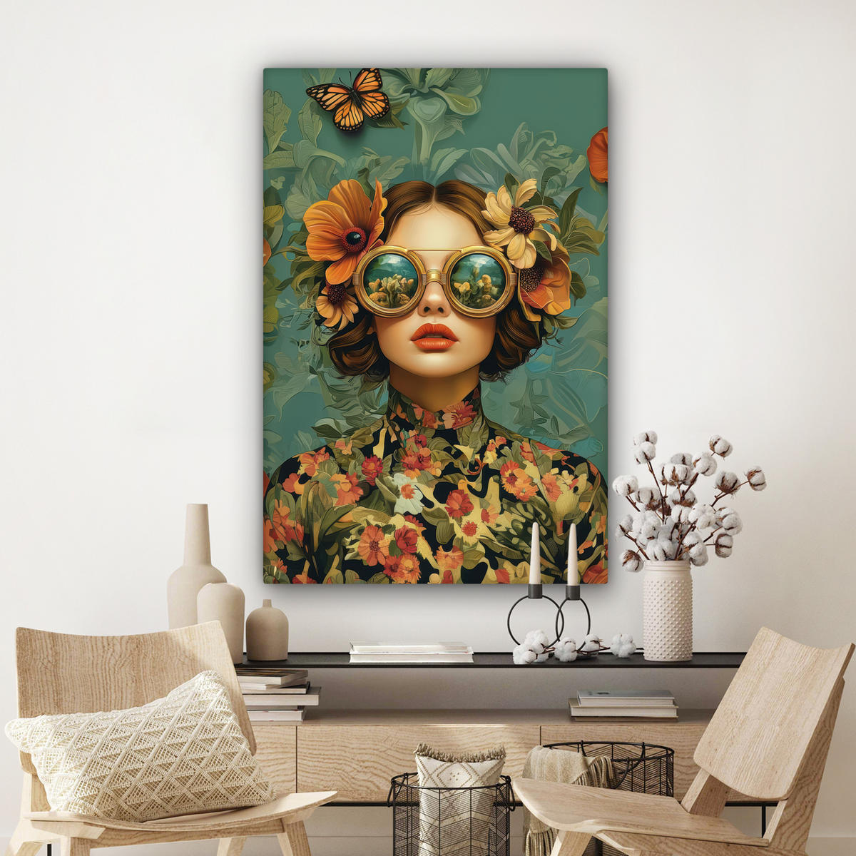 LEINWANDBILD Frau - Blumen - Schmetterlinge - Natur - Vintage Deko XXL 80x120 cm - Salbeigrün, Textil (80/120cm) - MuchoWow
