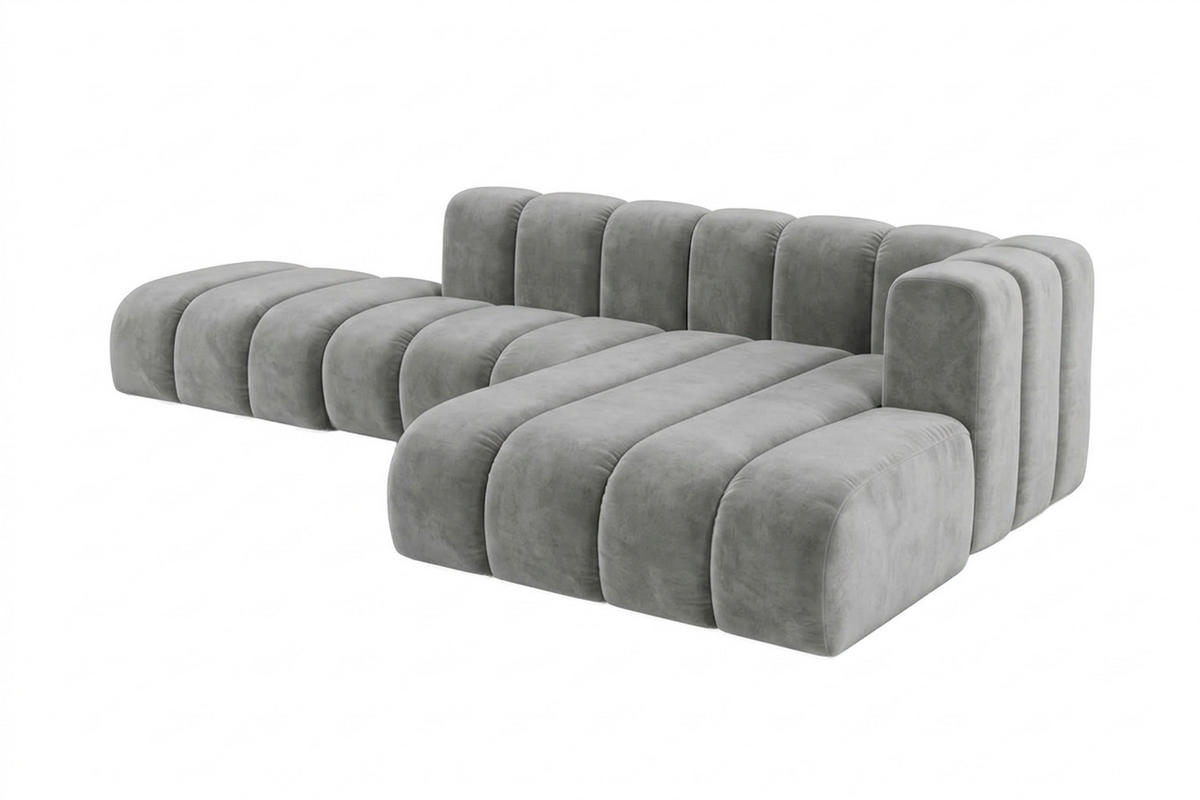 ECKSOFA Modulares In L-Form Mit Hocker, Velvet-Stoff Riviera, Grau, Rechts, GRAND Mini - Grau, Holz (295/179cm) - Kaiser Möbel