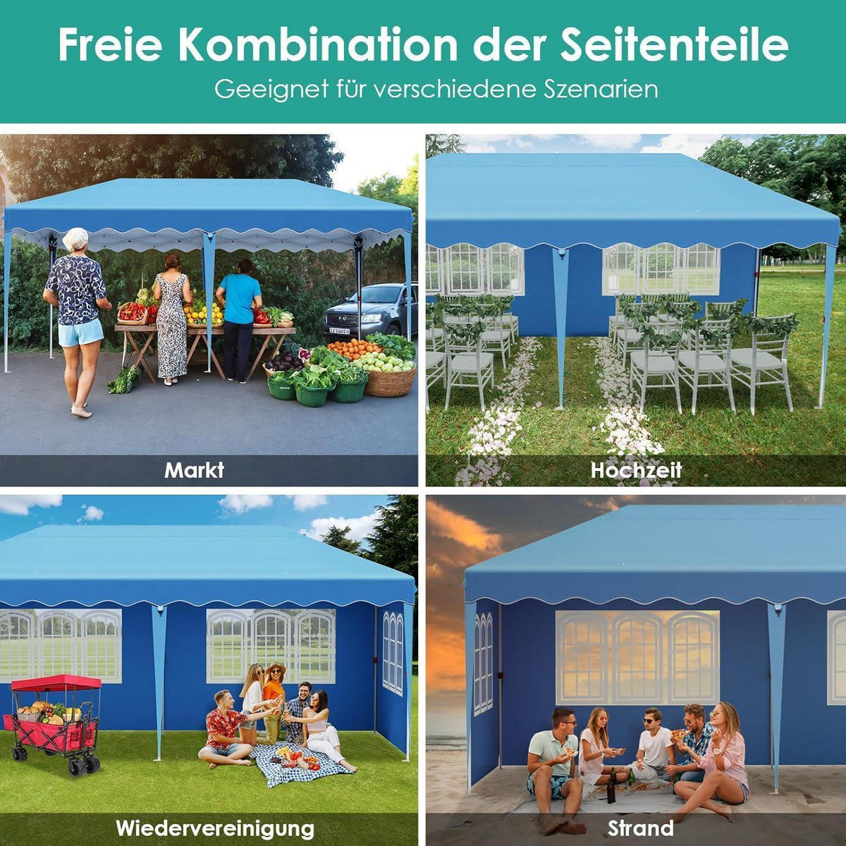 FALTPAVILLON 3x6 m mit 4 Seitenteilen und 6 Sandsäcken, wasserdicht, UV-Schutz 50+ - Blau, Textil (300/270/600cm)
