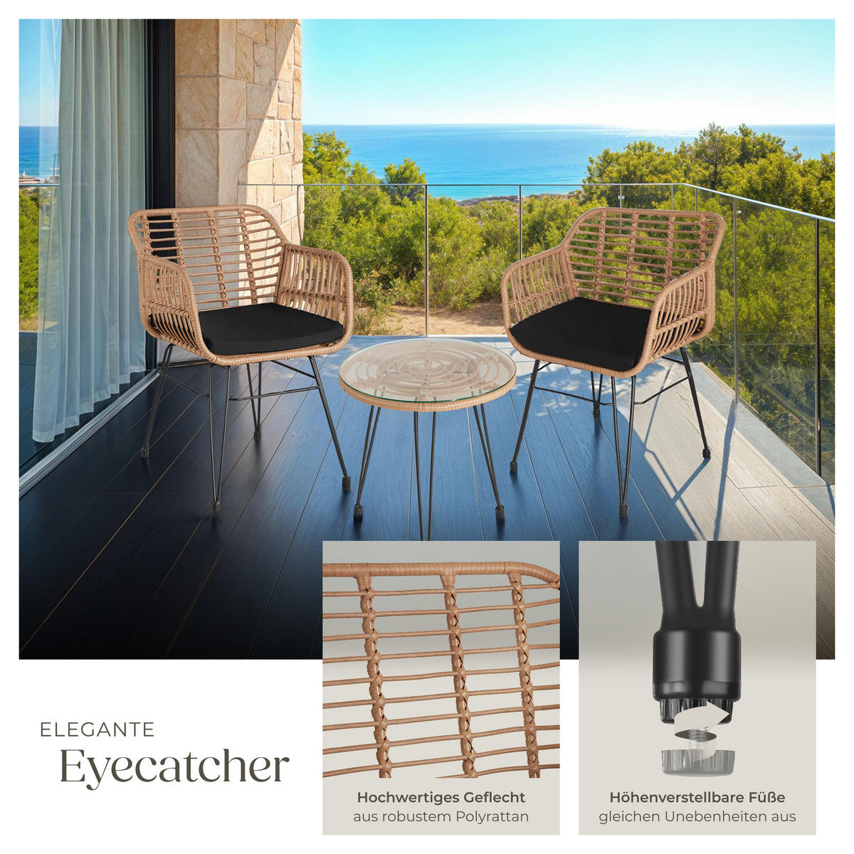 RATTAN SITZGRUPPE Molfetta,filigranes Design,natur - Naturfarben, Kunststoff - tectake