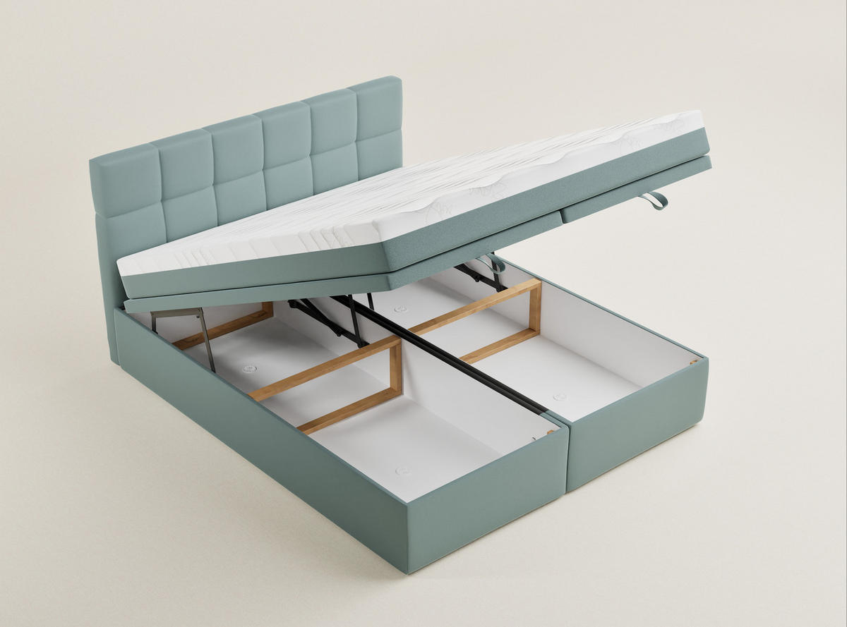 BOXBETT 200/200 cm Gotu S, in Türkis, Matratze, gepolstertes Kopfteil, Bettkasten, H3 = fest - Türkis/Schwarz, Holz/Holzwerkstoff (200/200cm) - Maison de Reve