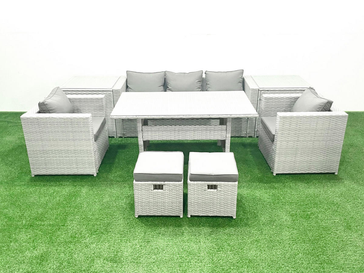 GARTENMÖBEL SET mit Sofa,2 Hockern,2 Beistelltischen Polyrattan Hellgrau 7-Sitzer - Hellgrau/Grau, Glas/Kunststoff - Fimous