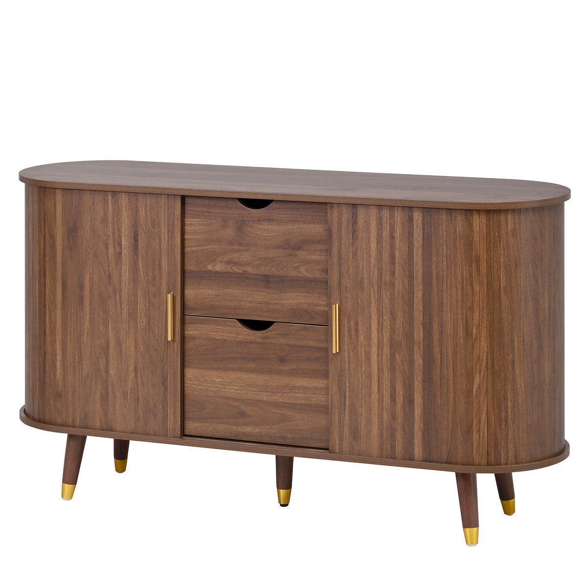 SIDEBOARD mit zwei Schiebetüren und zwei Schubladen mit vertikaler Maserung und Massivholzbeinen - Nussbaumfarben, Holzwerkstoff/Metall (140/79.5/40cm) - EVRYAE