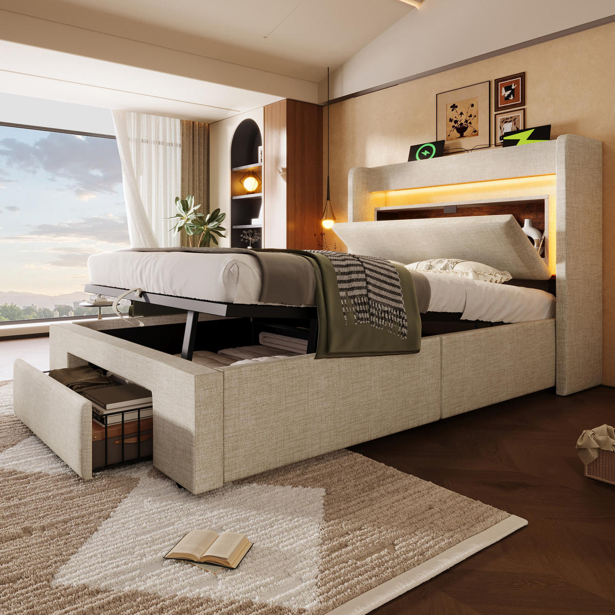POLSTERBETT 90/200 cm Beige mit LED-Beleuchtung, 1 Schublade, Ablagefach sowie USB-/USB-C-Anschlüssen - Beige, Textil/Metall (90/200cm) - Homcomodar