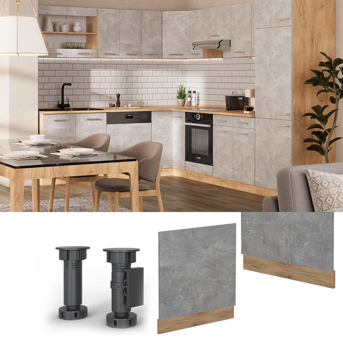 GESCHIRRSPÜLBLENDE R-Line Beton 60 cm , AP Anthrazit - Honigeiche/Schieferfarben, Holzwerkstoff (60/57.2/1.6cm) - Vicco