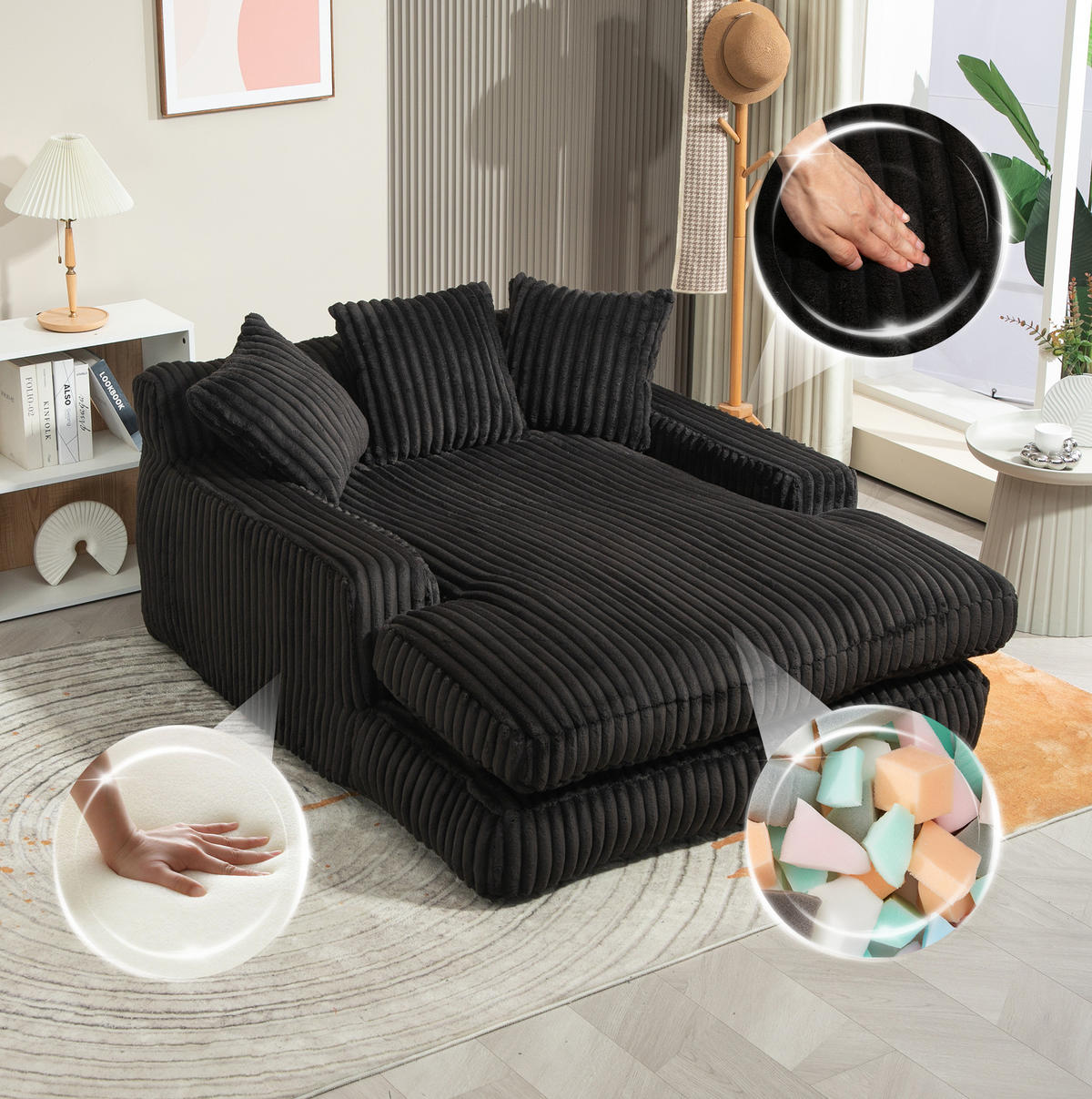 BIGSOFA Chaiselongue Cord mit 3 Kissen bodennah und ohne Montage 125/155/63 cm Schwarz - Schwarz, Textil (63/125/155cm) - Redom