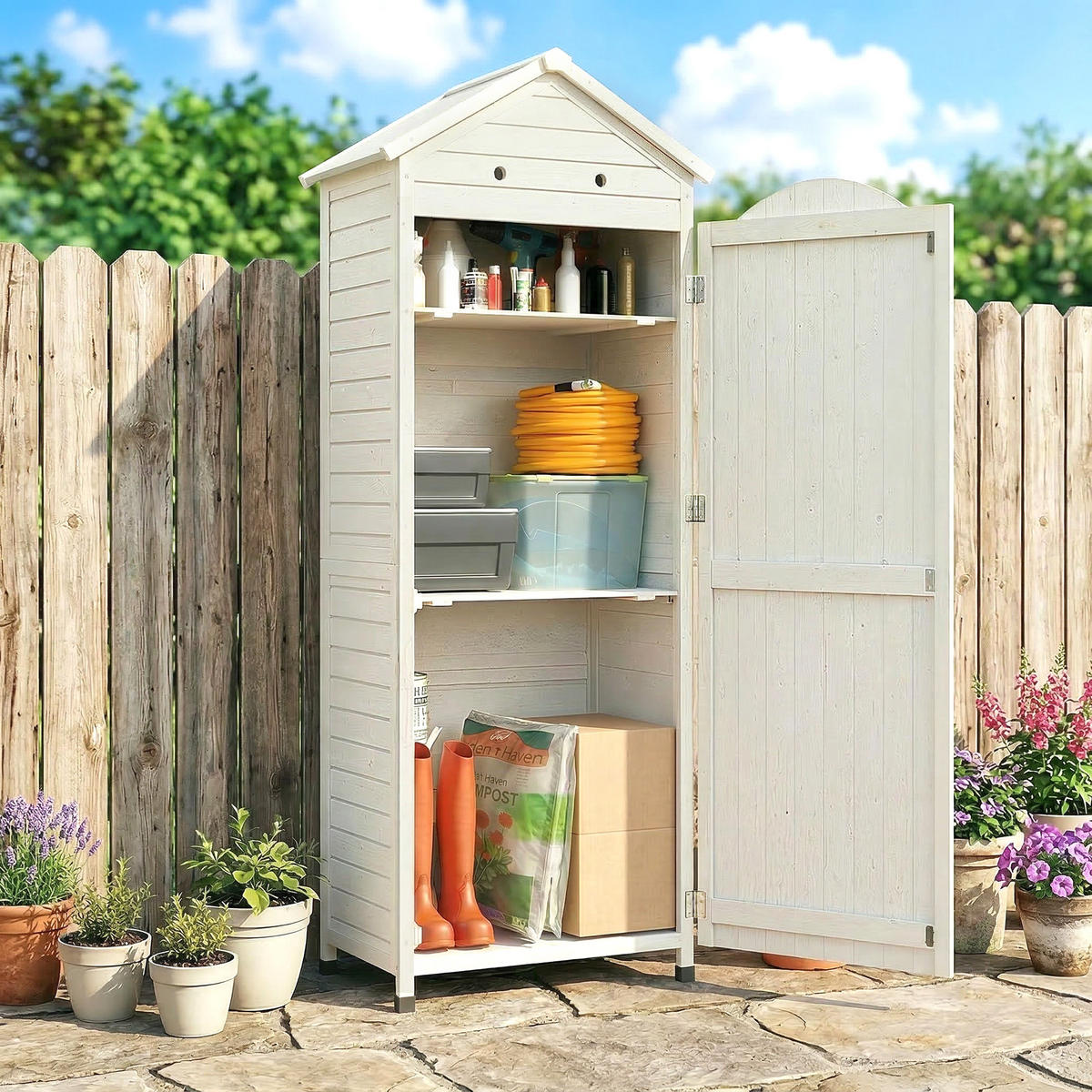 GERÄTESCHUPPEN Tannenholz Weiß - Weiß, Holz/Kunststoff (58/213/85cm) - Outsunny