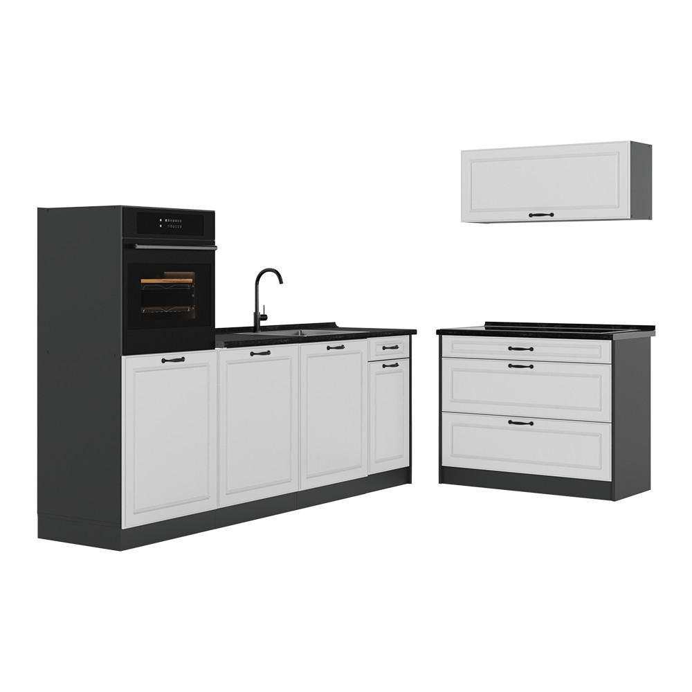 KÜCHENZEILE R-Line, Weiß Landhaus/Anthrazit, 220 cm Arbeitsplatte Anthrazit - Anthrazit/Weiß, Holzwerkstoff (220/143/60cm) - Vicco