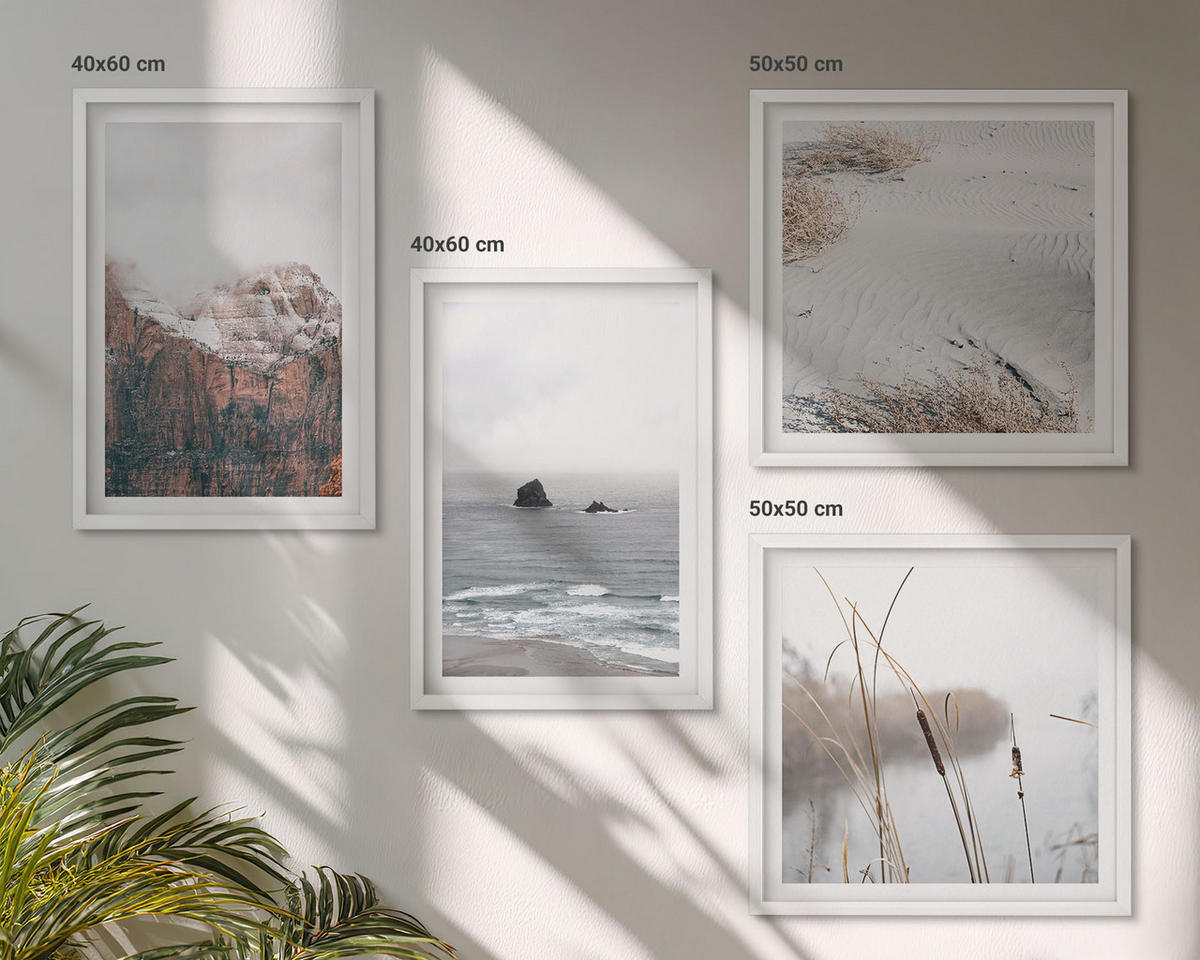 BILDER SET 4er Set - 50x50 cm & 40x60 cm Weißer Rahmen - Abstrakte Wellen, graue Pastellfarben - Weiß, Kunststoff (50/50cm) - TULUP