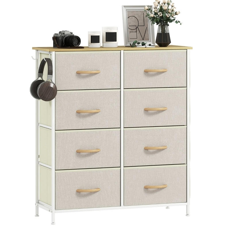 Modfu KOMODA z oceli 86x30x94,5 cm béžová s 8 textilními zásuvkami, 4 kapsami a 2 háčky