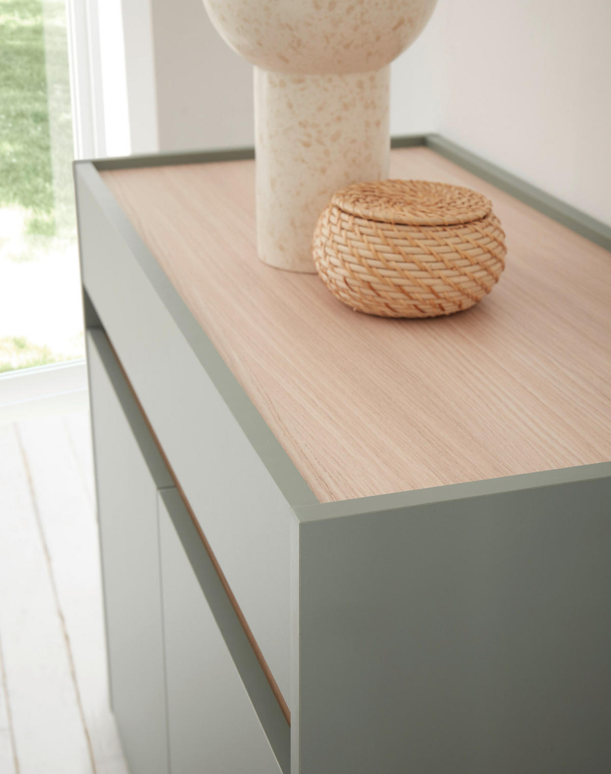 GARDEROBEN-SET Salbei grün, Barista Eiche 6-teilig, Garderobenkombination 260 cm Center - Salbeigrün/Eichefarben, Glas/Holz (260/200/40cm) - Furn.Design