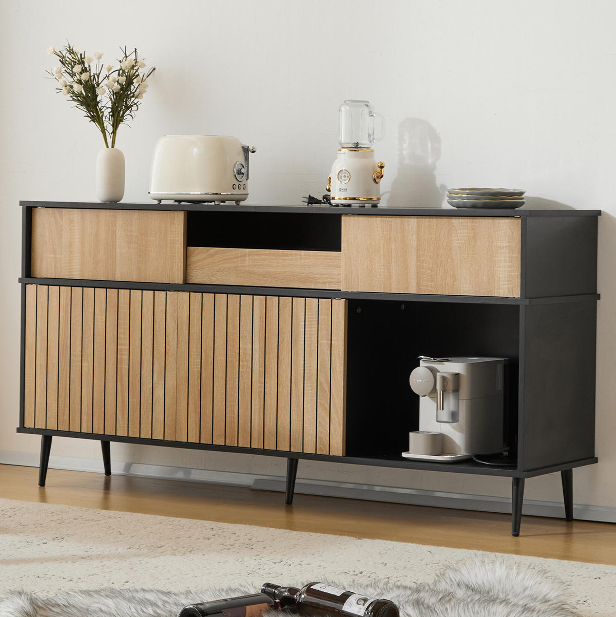 KOMMODE aus Spanplatte 40x160x80 cm Schwarz/Natur mit Schiebetüren und Schublade - Schwarz, Holzwerkstoff (160/80/40cm) - IVMEU