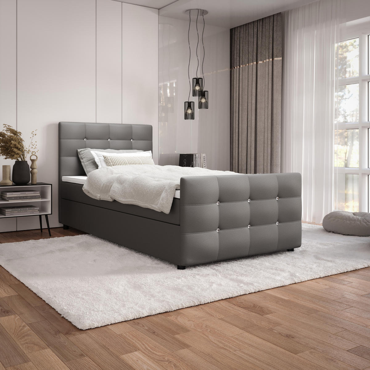 BOXBETT KLEO 100x200, mit Matratze H3 und Topper, Madryt 190 - Hellgrau, Holz/Kunststoff (100/200cm) - Bedante