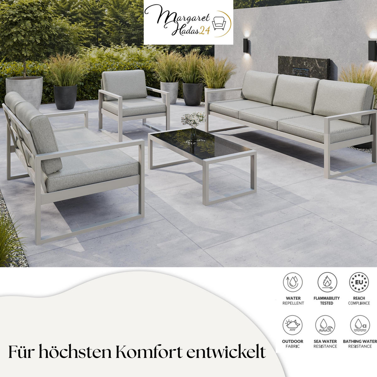 GARTENSET Madera für 6 Personen Balkonmöbel Aluminium Terassenmöbel Sitzbank, 4-tlg. Tisch kaschmir, beige - Kaschmir/Beige, Kunststoff/Metall - Margaret Hadas24