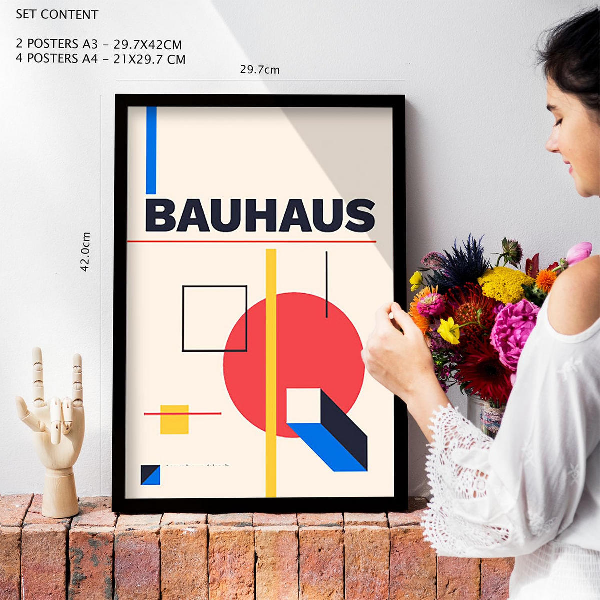 POSTER Set Mit 6 Bauhaus-Stil 3 Geometrisch Größe A3 & A4 Rahmen aus hellem Holz - Beige, Papier (29.7/1cm) - Nacnic