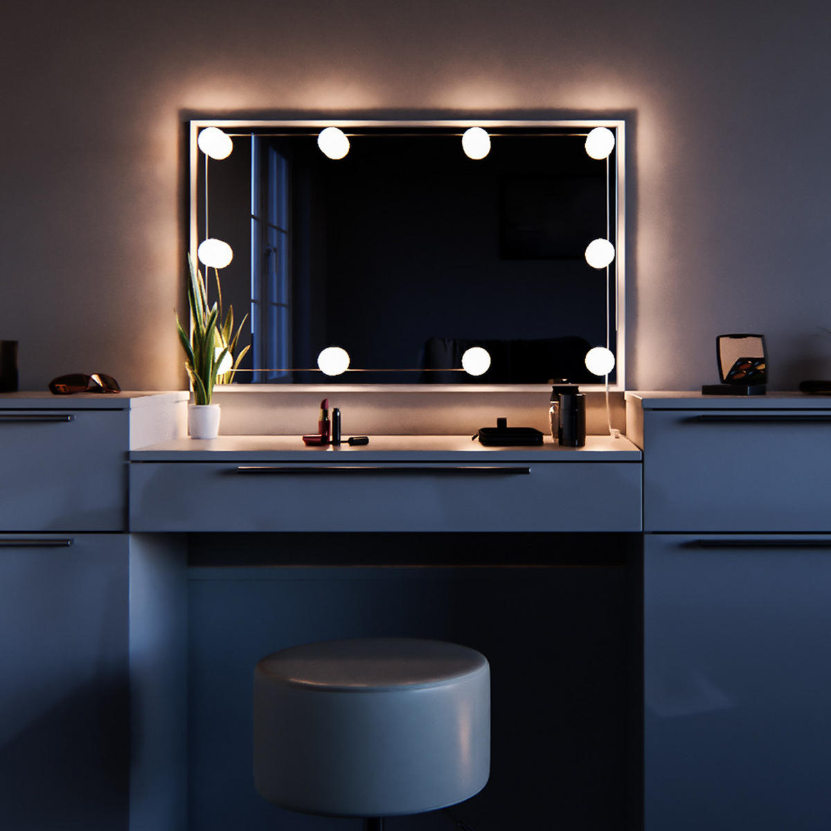 SCHMINKTISCH Lilli Weiß 190 cm mit LED Beleuchtung und Hocker - Weiß, Holzwerkstoff (190/90/39cm) - Vicco