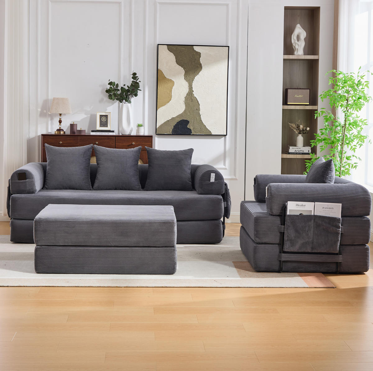 SOFA modular 3-tlg. 200 x 94 x 67 cm Cord Dark Gray - Dunkelgrau, Kunststoff (190/67/312cm) - Meubliv