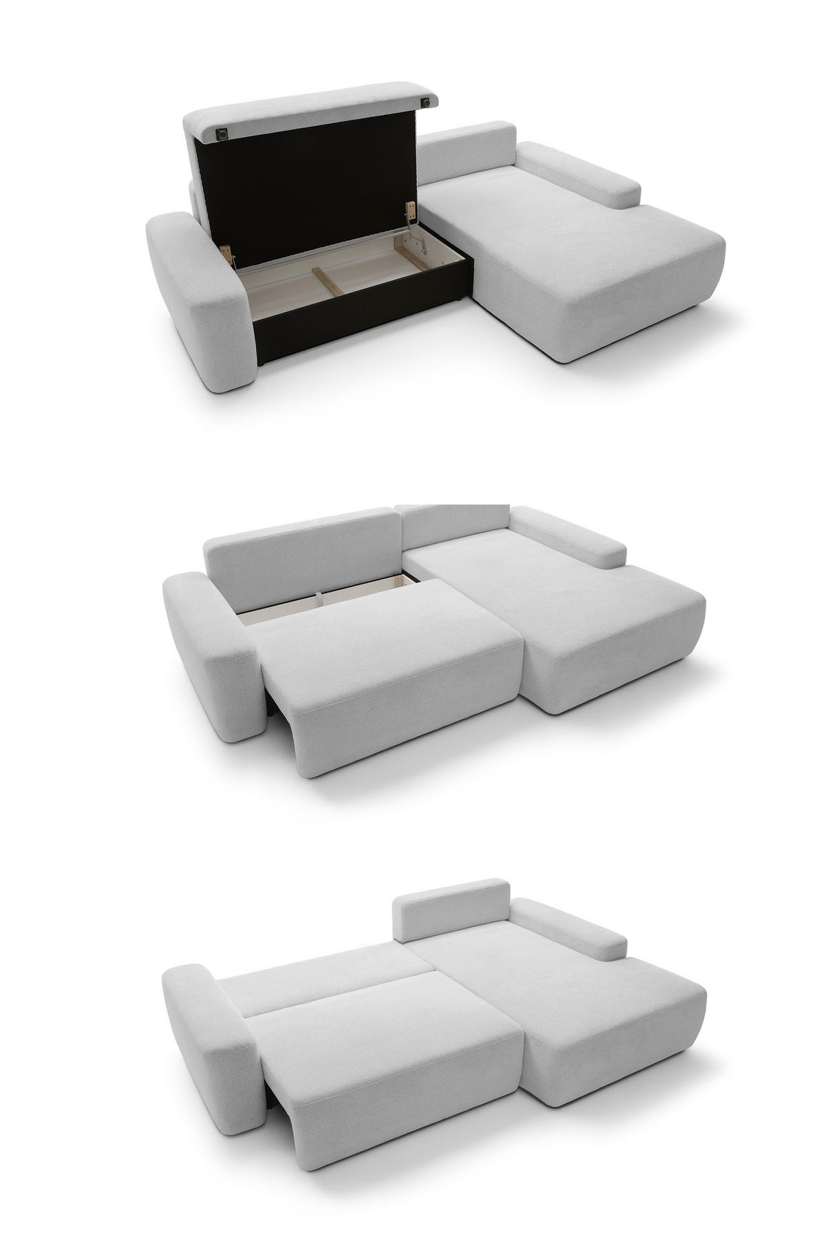 ECKSOFA BOULI 4-Sitzer Polstersofa Raven mit Schlaffunktion 130x210 cm Bettzeugablage 264x162x82 cm rechts, Farbe: Grau​ - Silberfarben, Holz/Textil (264/162cm) - DomoHome