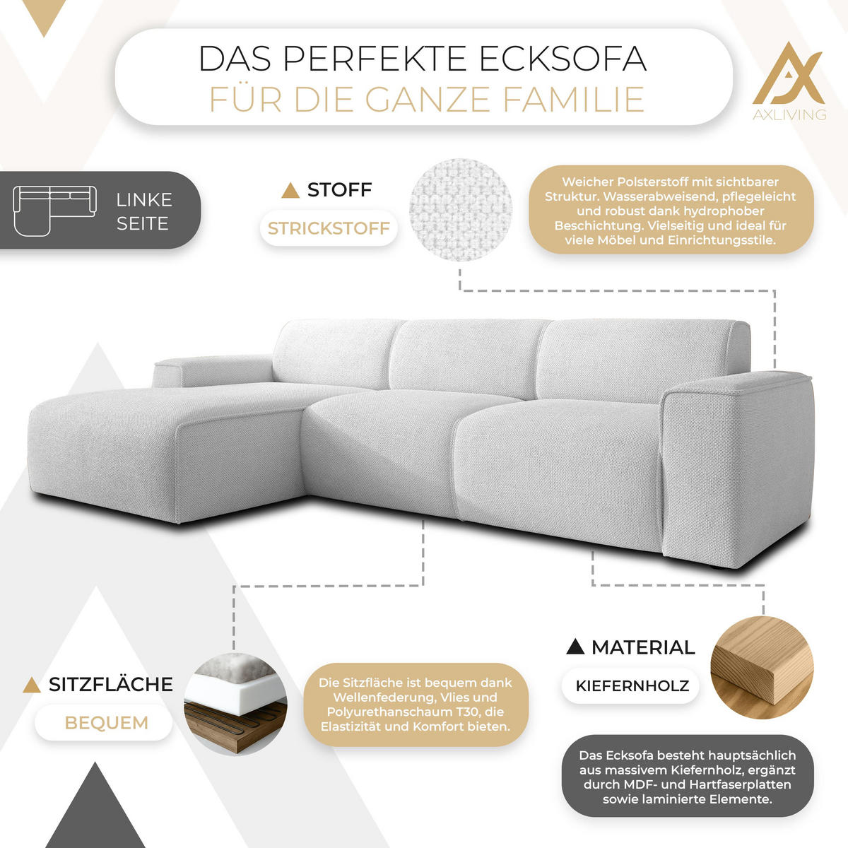 ECKSOFA L Form Didim mini Ivory 310/165/78 cm – stilvolle kleine Eckcouch L - Greige/Champagner, Kunststoff/Textil (165/310cm) - AX Living