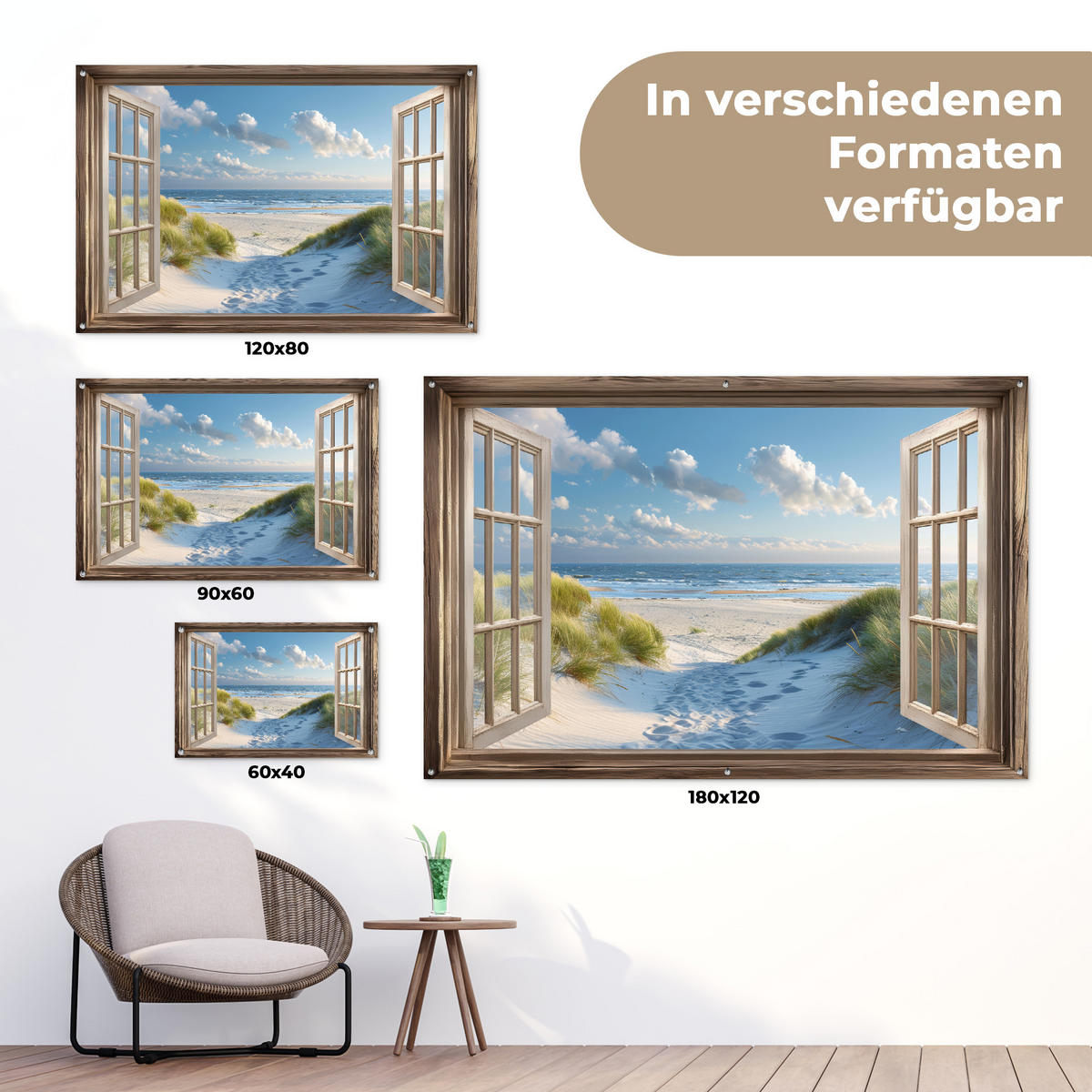 ZAHRADNÍ PLAKÁT Pohled - Pláž - Okno - Duny - Moře 90x60 cm - světle modrá, plast (90/60/0.2cm) - OnlyWow