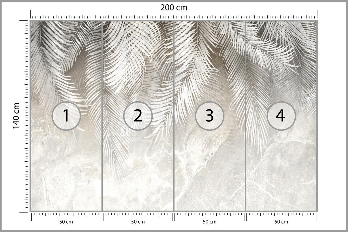 FOTOTAPETE für Schlafzimmer Vintage Palmenblätter auf Marmor Beige 200x140 - Weiß/Grau, Papier (200/140cm) - Muralo