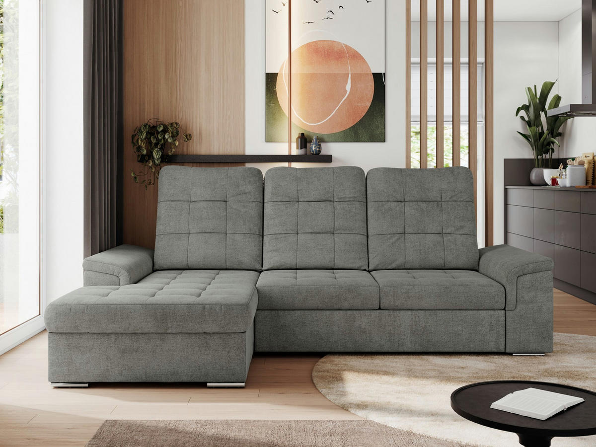 ECKSOFA MADRITO L - Grau Struktur - Links - Silberfarben/Grau, Textil/Metall (160/256cm)