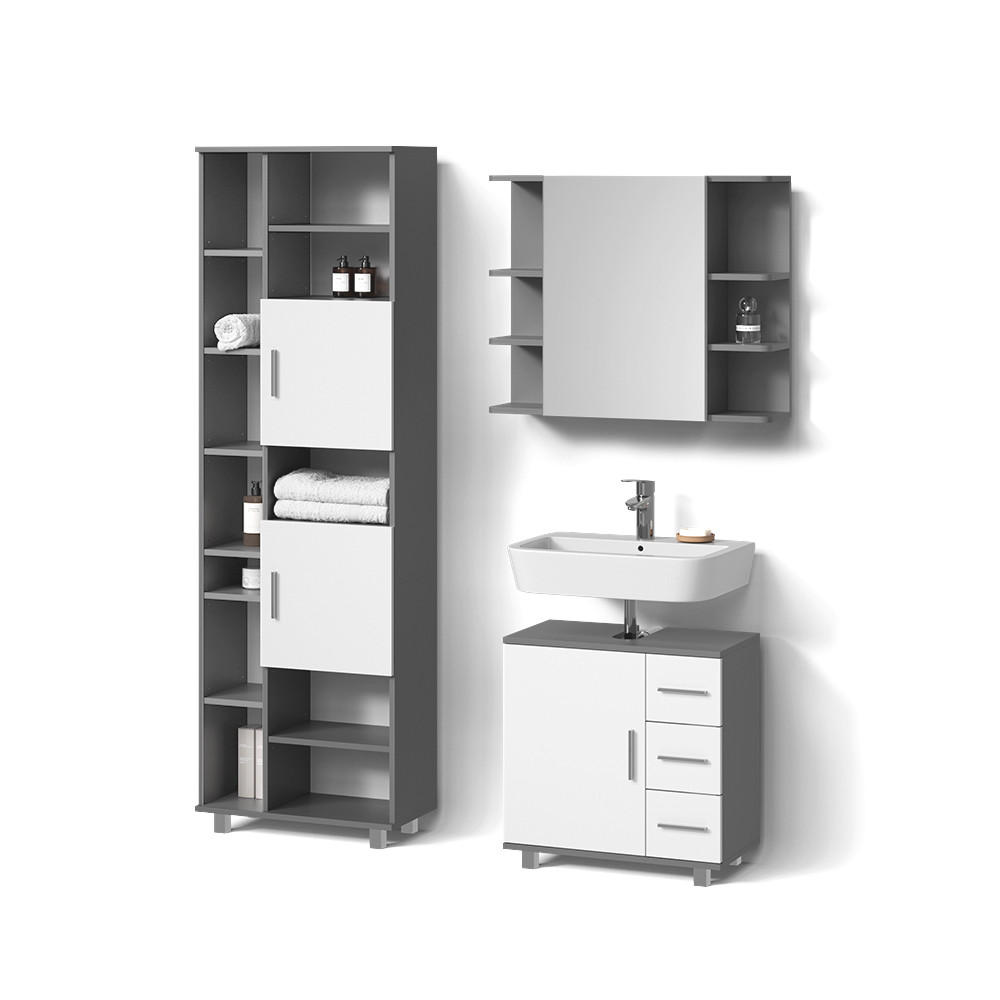 BADMÖBEL-SET Eisak Anthrazit 3 Teile, mit Hochschrank - Anthrazit/Weiß, Holzwerkstoff (60/60/33cm) - Livinity®