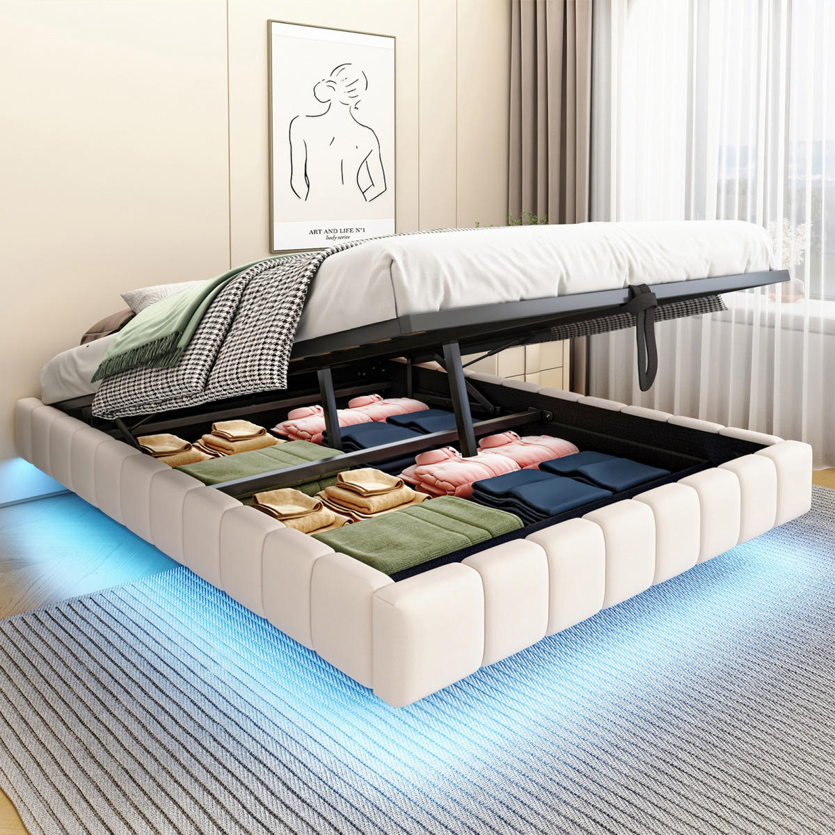 POLSTERBETT 140x200 cm mit Bettkasten, Doppelbett 140x200 cm mit LED, Stauraumbett mit Hydraulik, Beige Leinenstoff - Beige, Holz/Metall (140/200cm) - GENKI LIVING