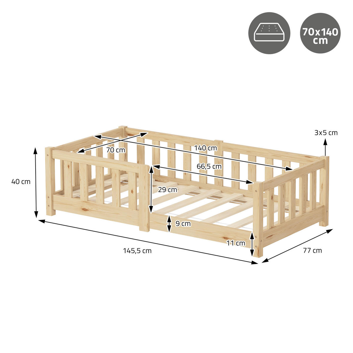 KINDERBETT 70x140 cm Natur mit Matratze - Naturfarben, Kunststoff (70/140cm) - ML-DESIGN