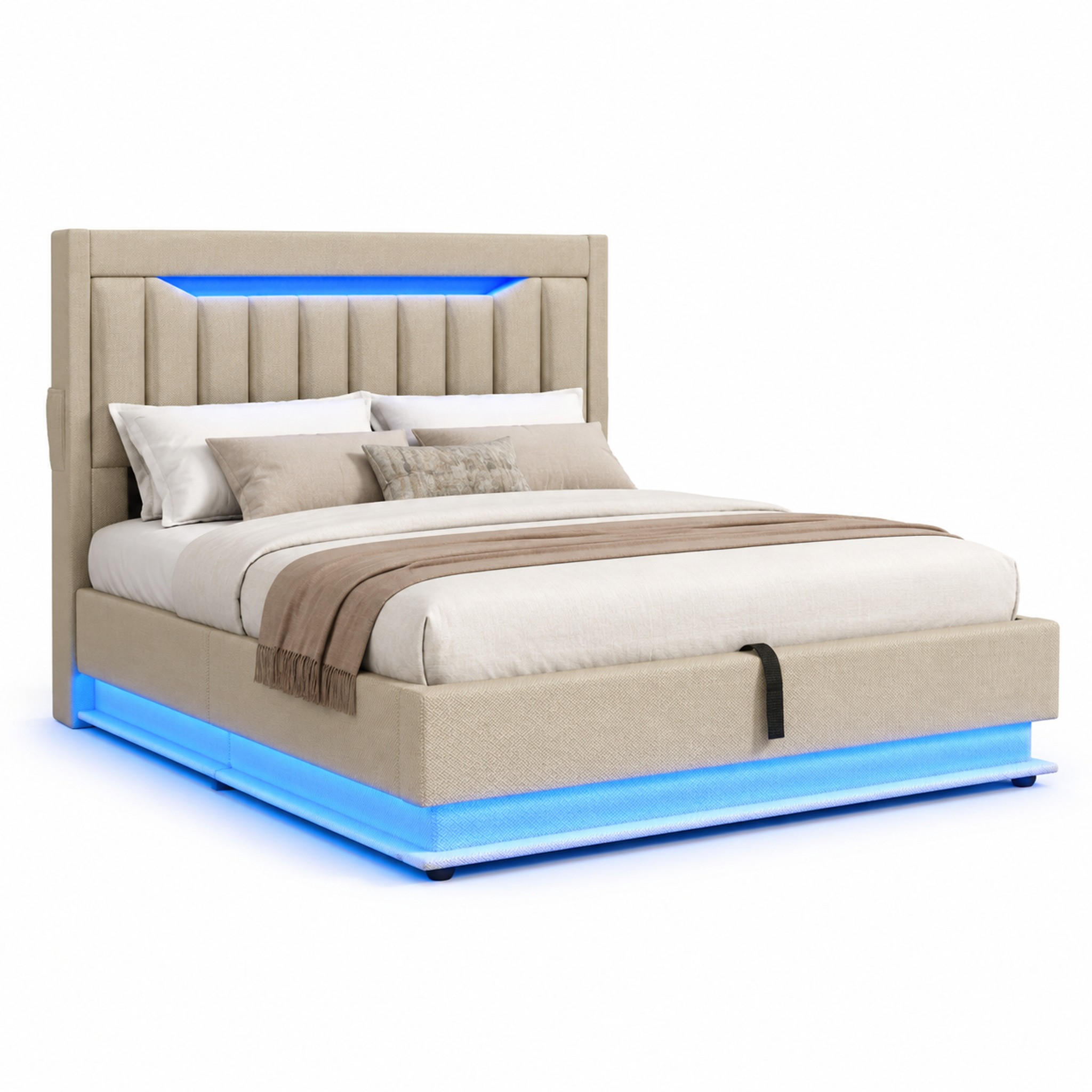 POLSTERBETT mit Stauraum 90x200 cm Leinen Beige mit LED und USB - Beige, Metall (90/200cm) - Meubliv