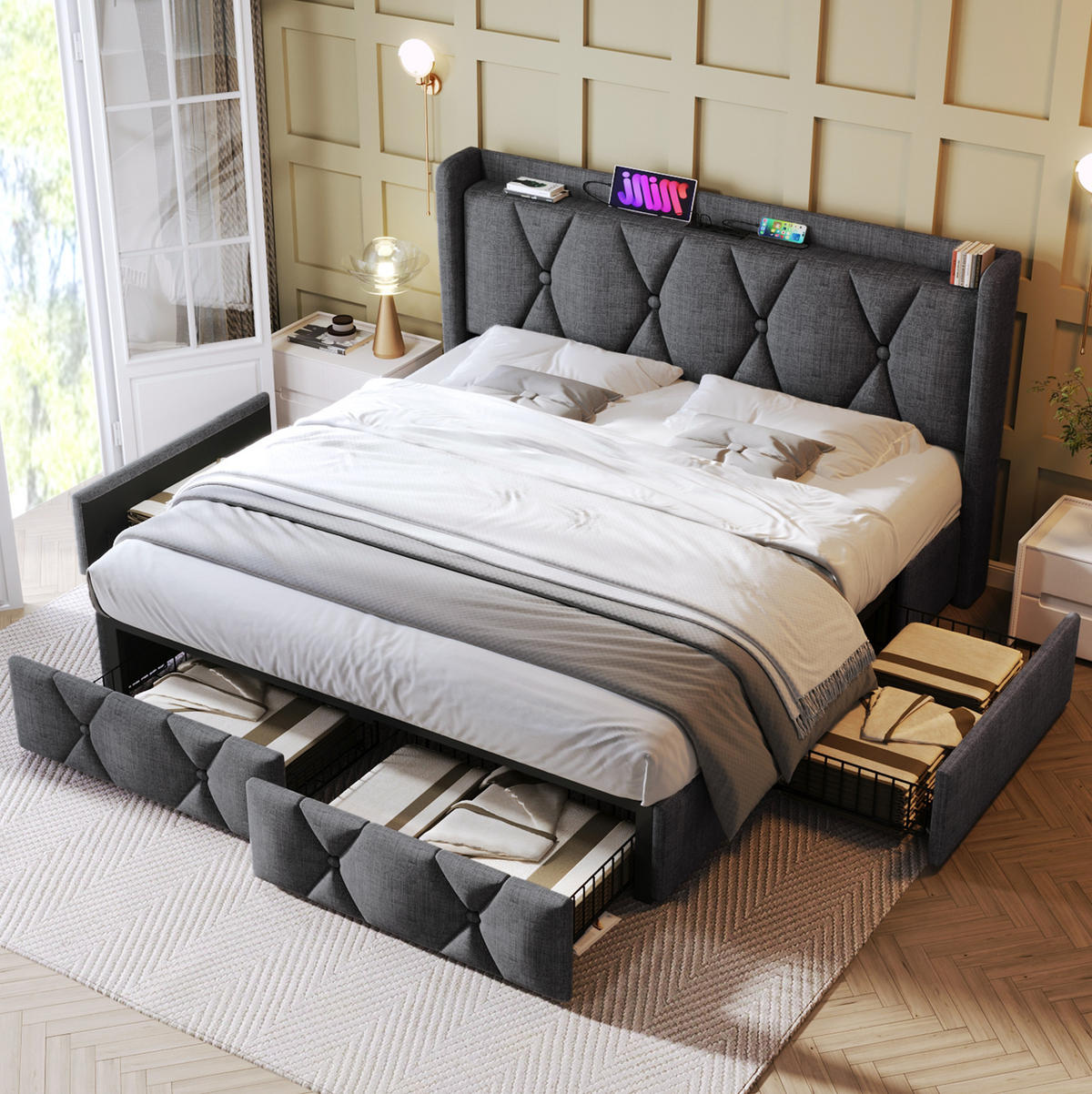 POLSTERBETT 140/200 cm mit USB, Steckdosen und 4 Schubladen inkl. Matratze und Lattenrost, Grau - Grau, Textil (140/200cm) - Redom
