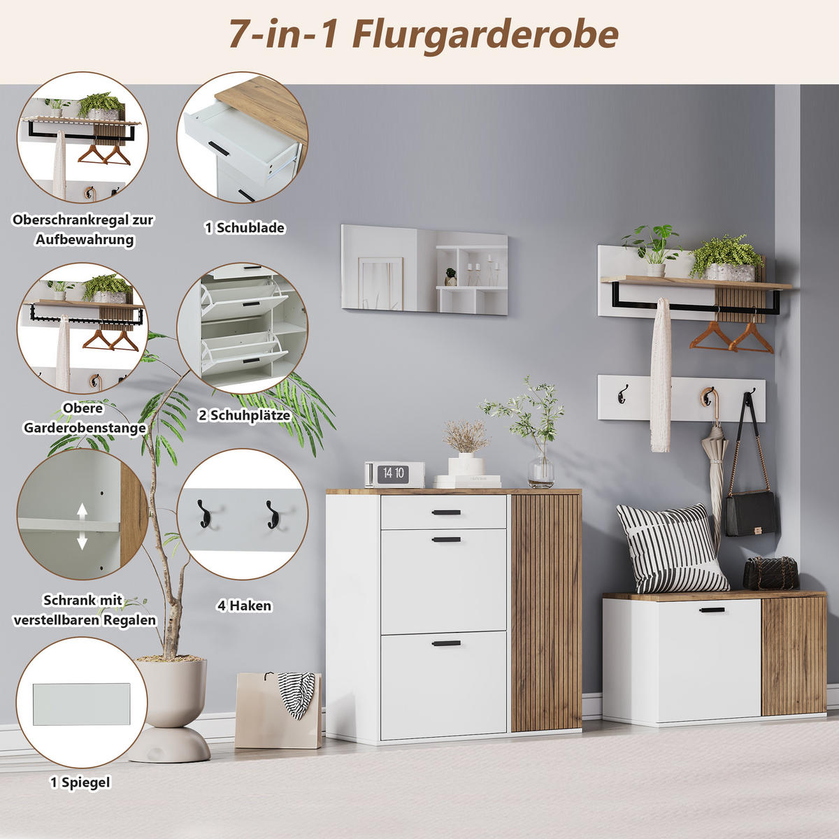 GARDEROBE-SET 5-teilig Schuhschrank Schuhbank Spiegel Haken - Multicolor, Holzwerkstoff (85/85/36cm) - FLIEKS