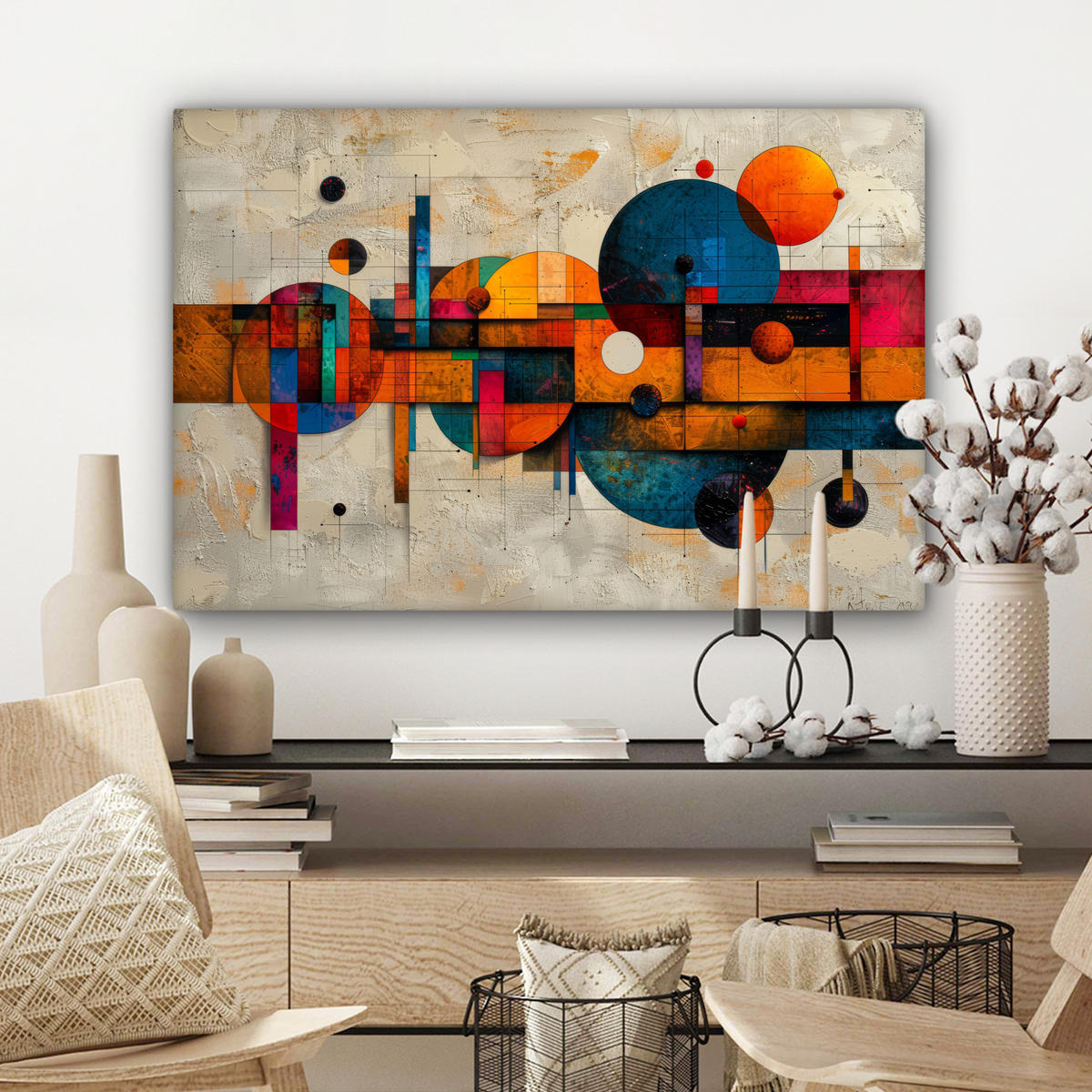 LEINWANDBILD - Vintage - Moderne Kunst - Orange - Geometrische Formen - 60x40 - Wanddeko Schlafzimmer - Multicolor, Textil (60/40cm) - MuchoWow