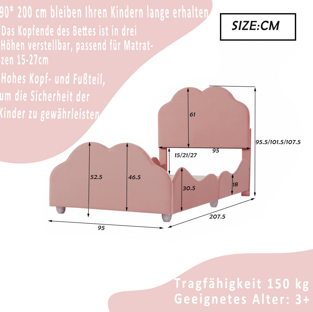 KINDERBETT 90/200 cm aus Samt mit wolkenförmigem Kopf- und Fußteil Rosa - Pink, Textil (90/200cm) - Modenvie