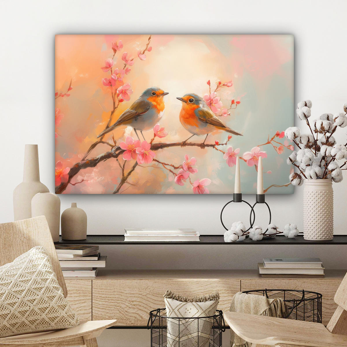 LEINWANDBILD Rotkehlchen - Zierpflanze - Blütenzweig Wanddeko 90x60 cm - Hellrosa, Textil (90/60cm) - MuchoWow