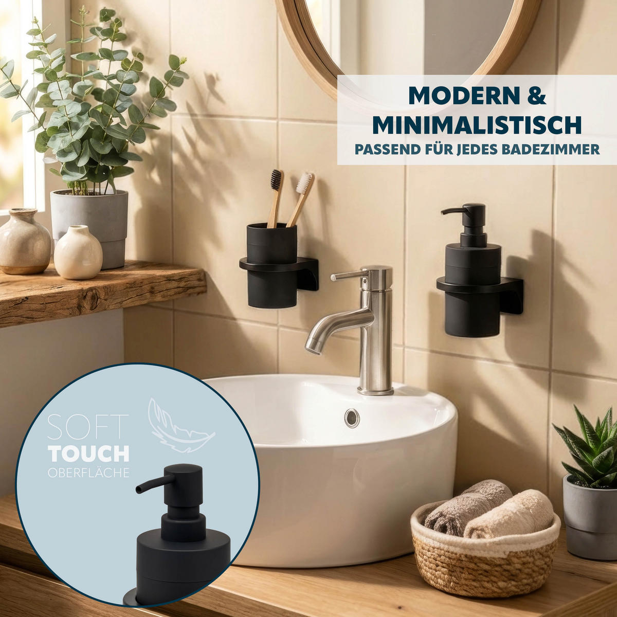 SEIFENSPENDER SAVONA Softtouch, schwarz, rund - Schwarz, Kunststoff (9/16/10.5cm) - bremermann
